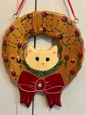 Vintage 1997 Handpainted Holiday Cat Wreath Wall Décor - Red Bow Handmade Mexico